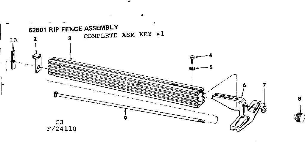 Rip Fence Assembly Diagram and Parts List for 113241140  Craftsman Power Motor