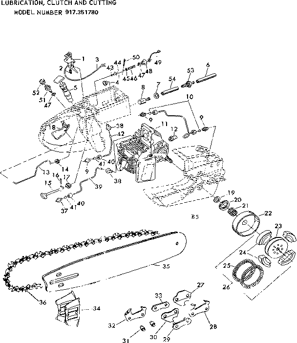 Lubercation, Clutch And Cutting Diagram and Parts List for 917351780  Craftsman Chainsaw