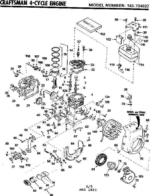 Replacement Parts Diagram and Parts List for 143734022  Craftsman Engine
