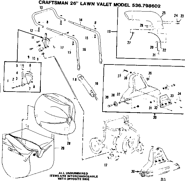 Bag And Hanle Assembly Diagram and Parts List for 536798602  Craftsman Lawn Mower