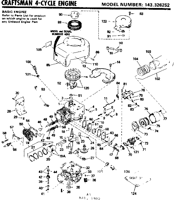 Replacement Parts Diagram and Parts List for 143326252  Craftsman Engine