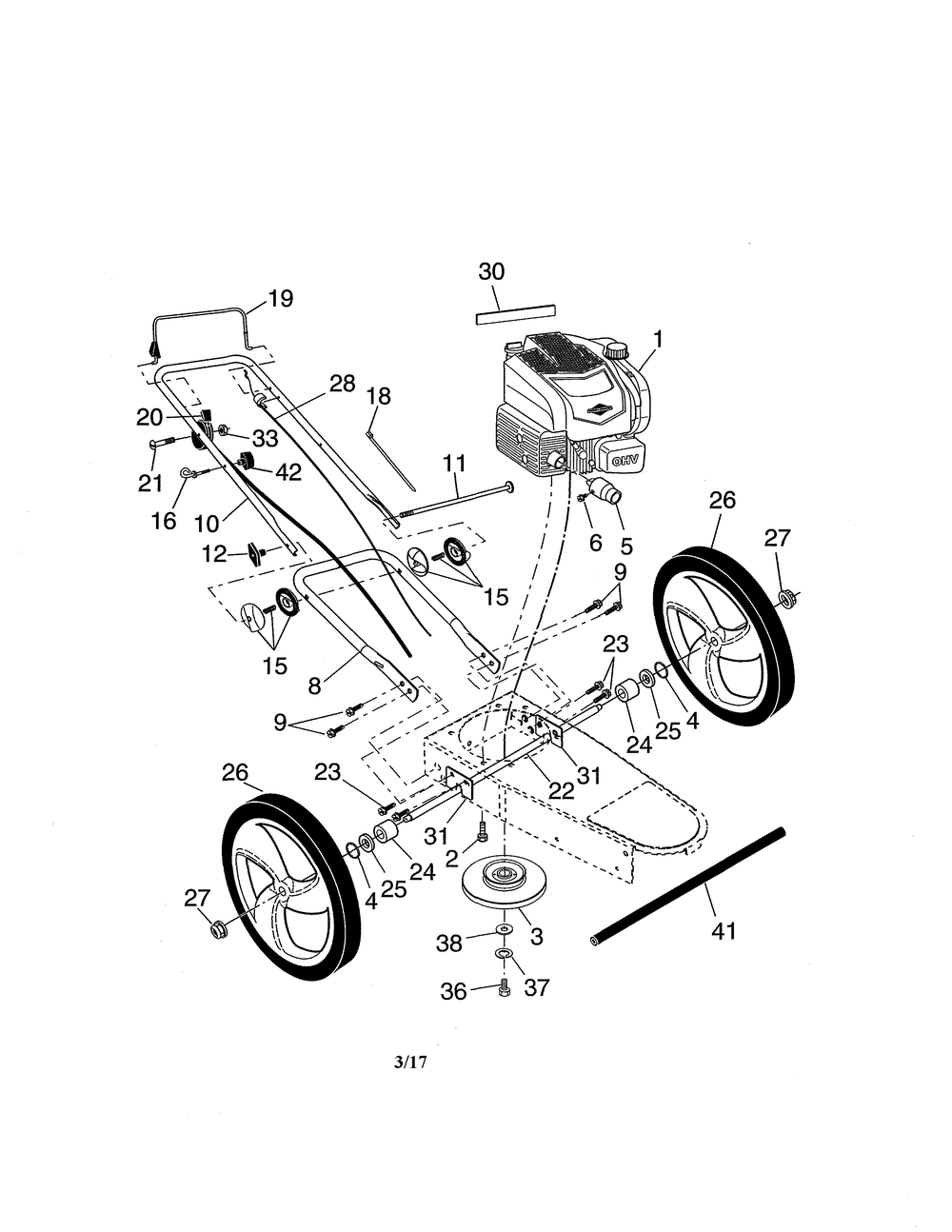 Engine/wheels/handle Diagram and Parts List for 917776741  Craftsman Trimmer