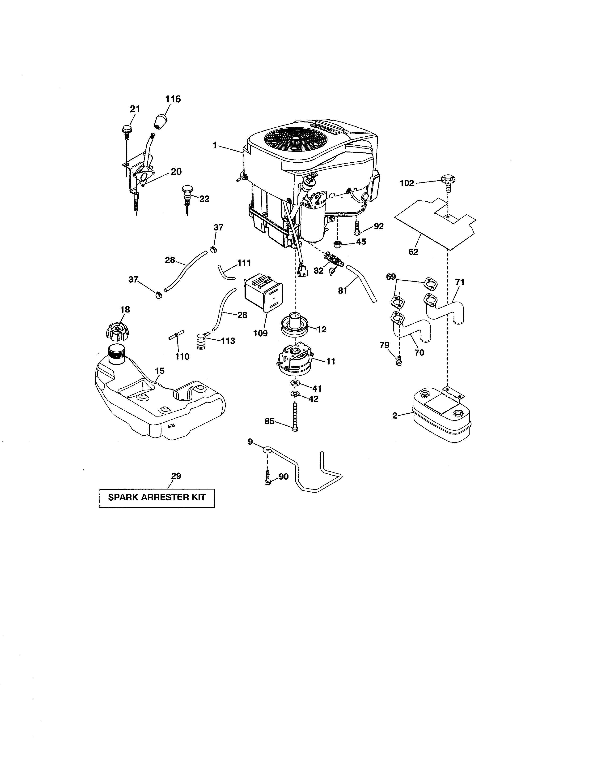 Engine Diagram and Parts List for 917986421  Craftsman Lawn Tractor
