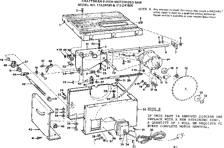 Unit Breakdown Diagram and Parts List for 11324190  Craftsman Power Motor