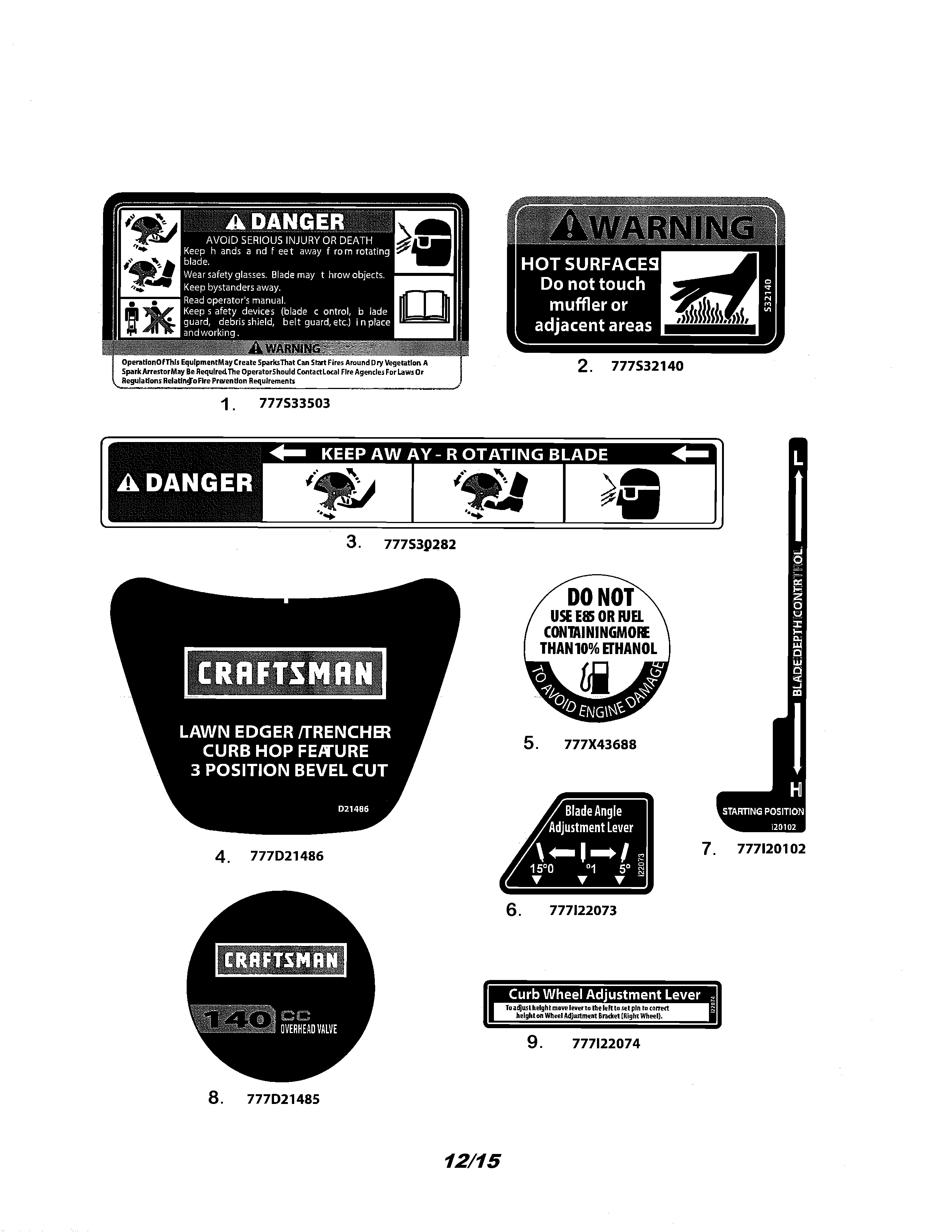 Decals Diagram and Parts List for 247762660  Craftsman Edger