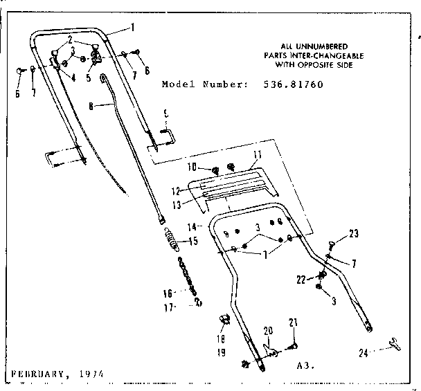 Handle Assembly Diagram and Parts List for 53681760  Craftsman Lawn Mower