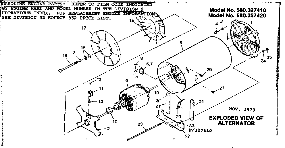 Alternator Diagram and Parts List for 580327410  Craftsman Engine