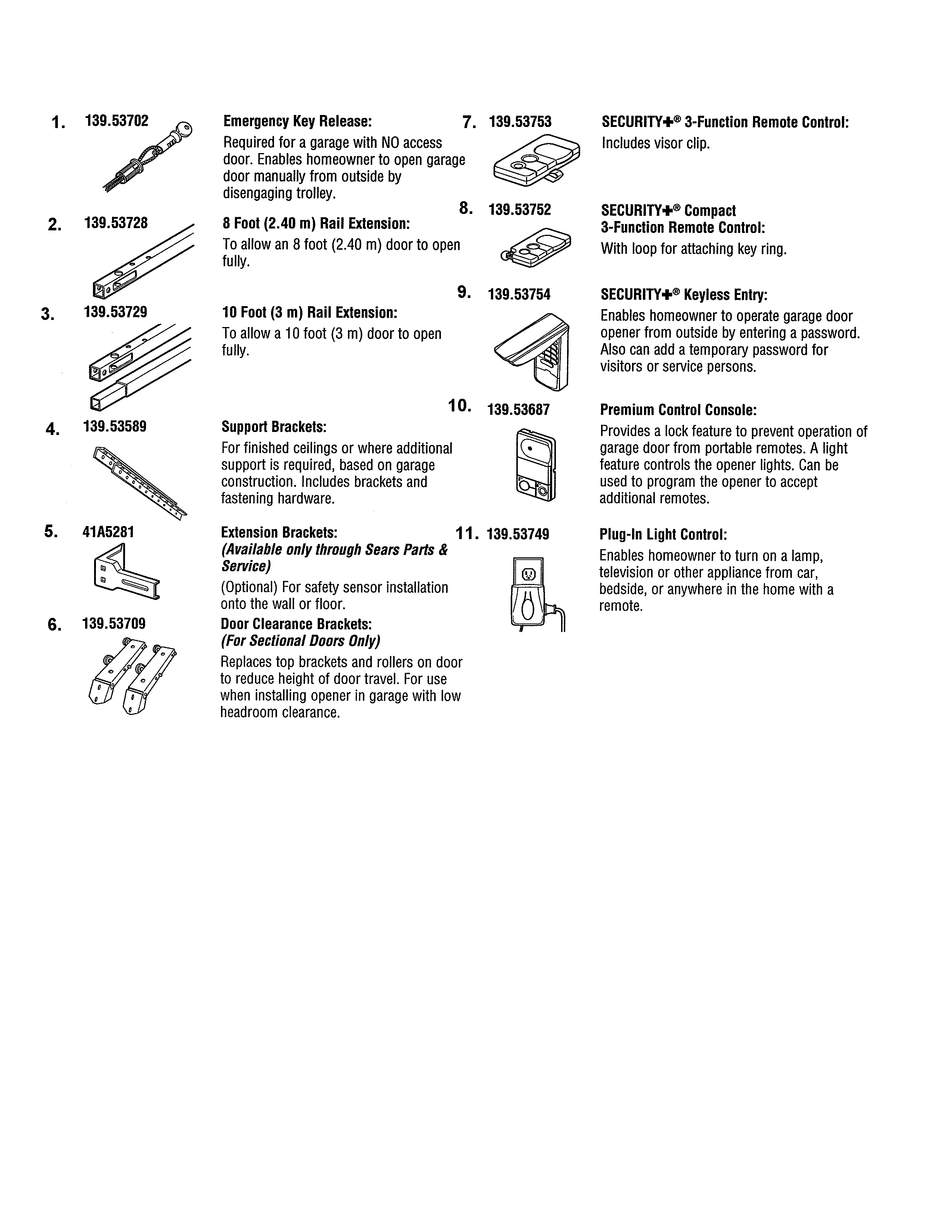 Accessories Diagram and Parts List for 13953904D  Craftsman Garage Door Opener