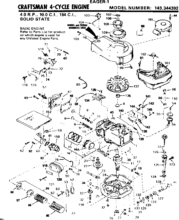 Replacement Parts Diagram and Parts List for 143344392  Craftsman Engine