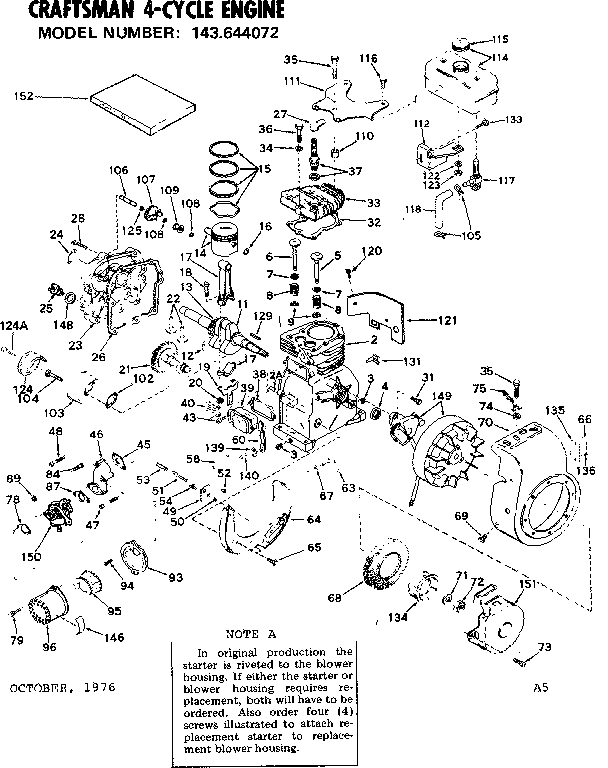 Replacement Parts Diagram and Parts List for 143644072  Craftsman Engine