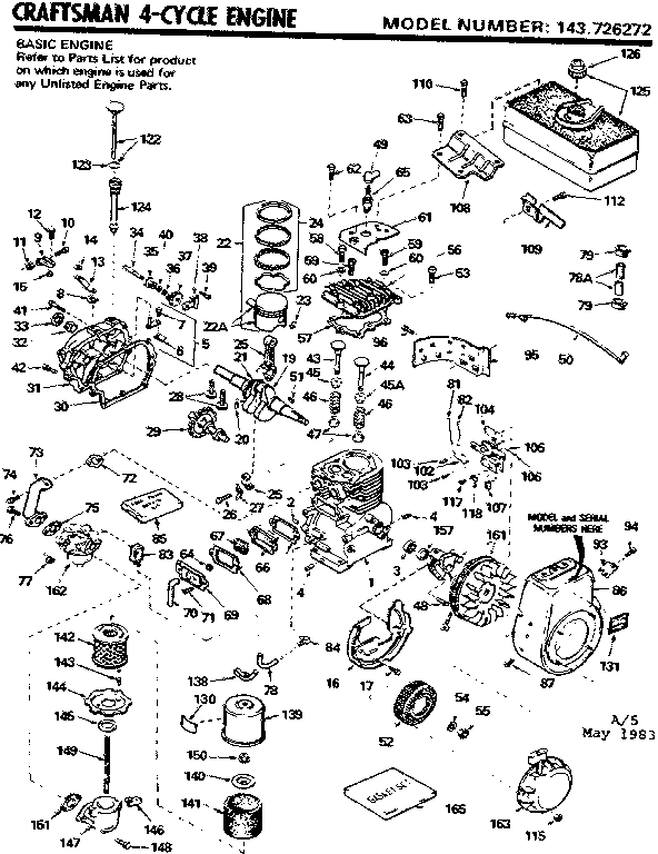 Replacement Parts Diagram and Parts List for 143726272  Craftsman Engine