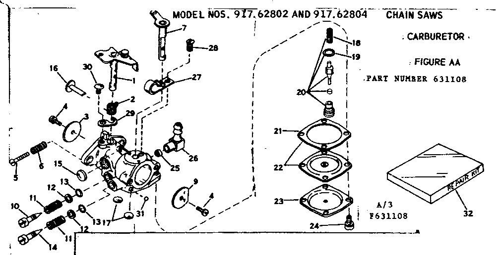 Chain Saws Carburetor Diagram and Parts List for 917631108  Craftsman Lawn Mower