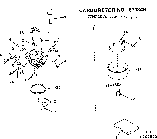 Carburetor Diagram and Parts List for 143264542  Craftsman Engine