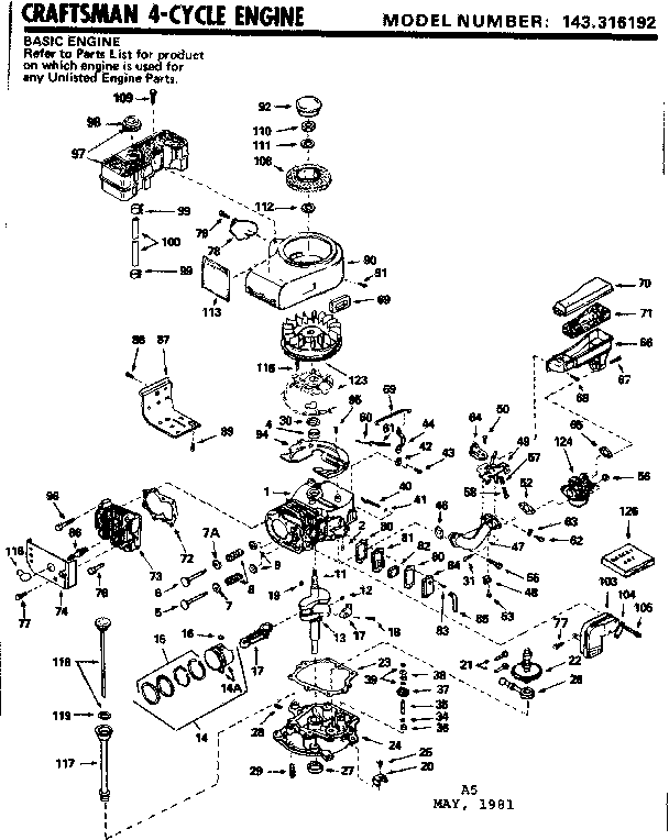 Replacement Parts Diagram and Parts List for 143316192  Craftsman Engine