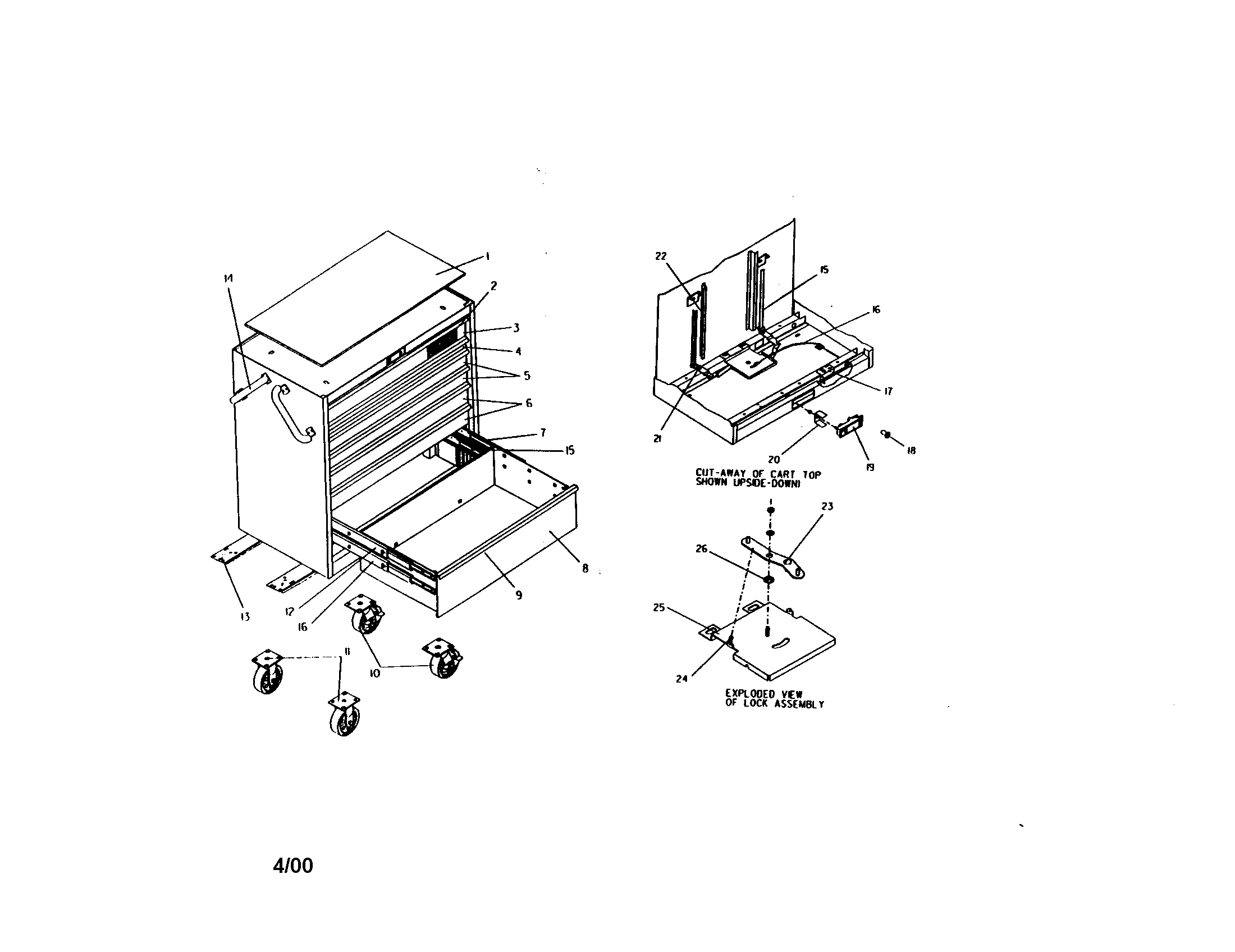 36" 7 Drawer Mobile Tool Cart Diagram and Parts List for 706655660  Craftsman Tool Stand & Cart