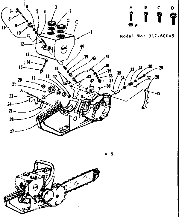 Main Frame Diagram and Parts List for 91760045  Craftsman Chainsaw