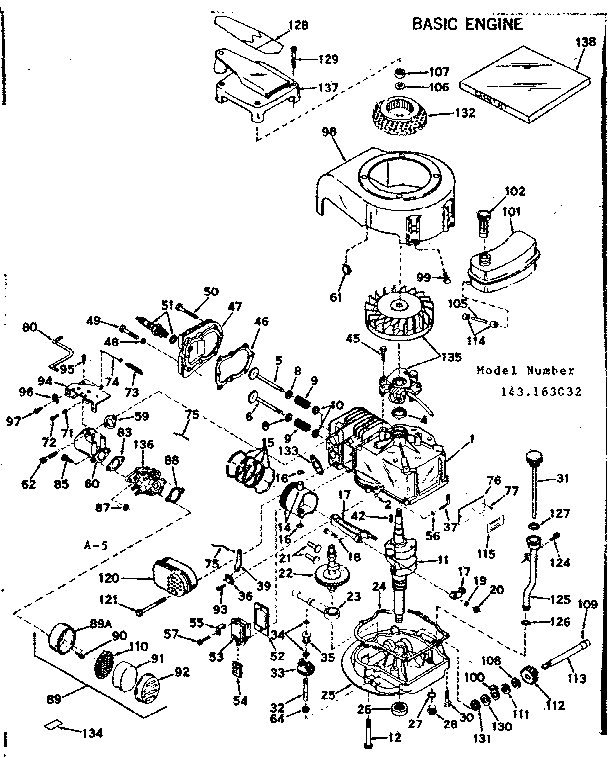 Basic Engine Diagram and Parts List for 143163032  Craftsman Engine