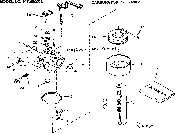 Carburetor Diagram and Parts List for 143686052  Craftsman Engine