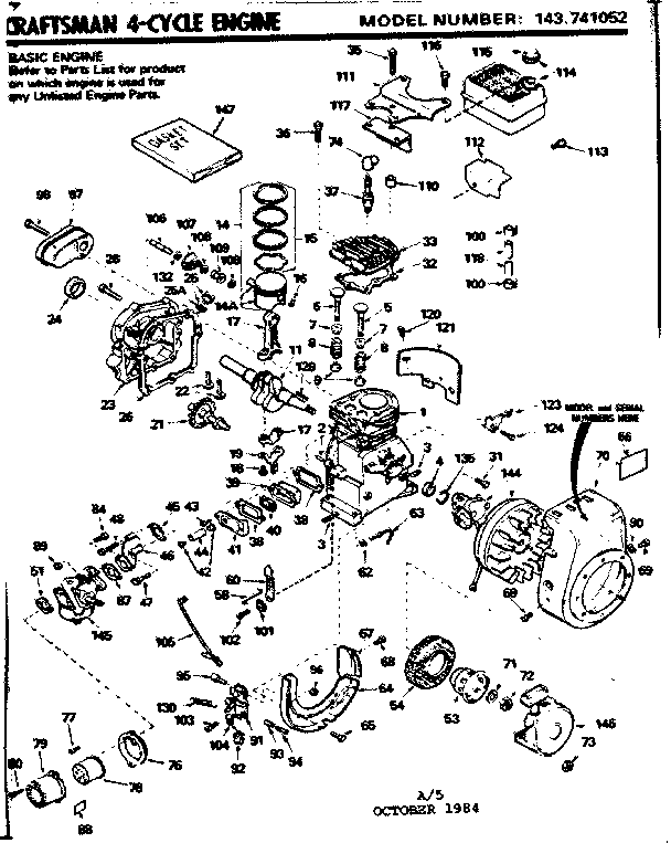 Replacement Parts Diagram and Parts List for 143741052  Craftsman Engine