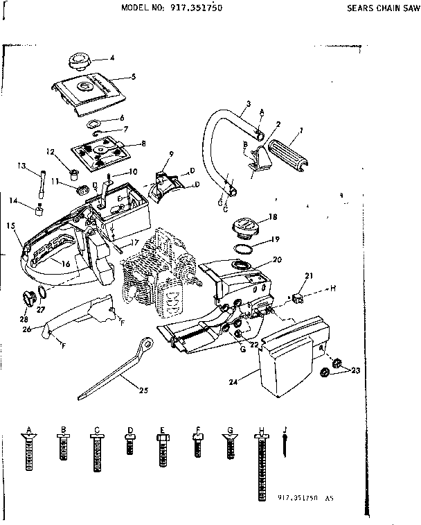Main Frame Diagram and Parts List for 917351750  Craftsman Chainsaw