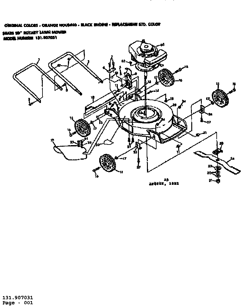 Replacement Parts Diagram and Parts List for 131907031  Craftsman Lawn Mower