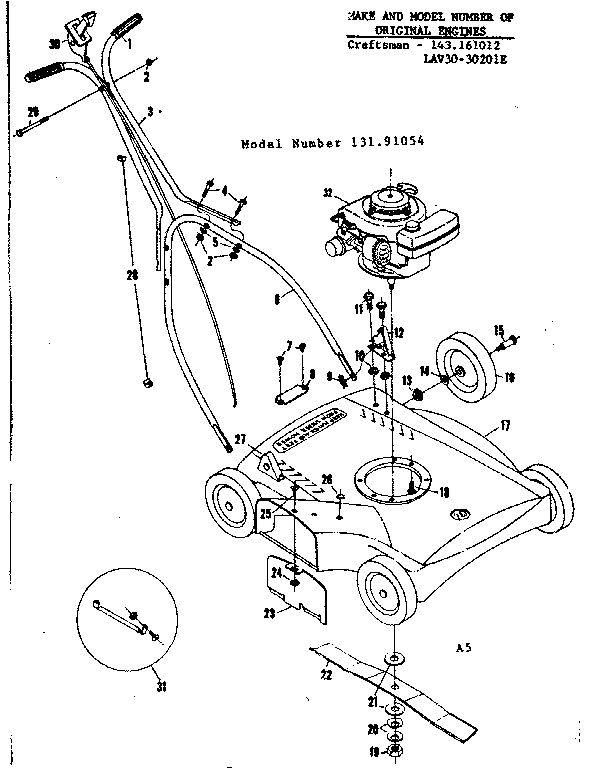 Replacement Parts Diagram and Parts List for 13191054  Craftsman Lawn Mower