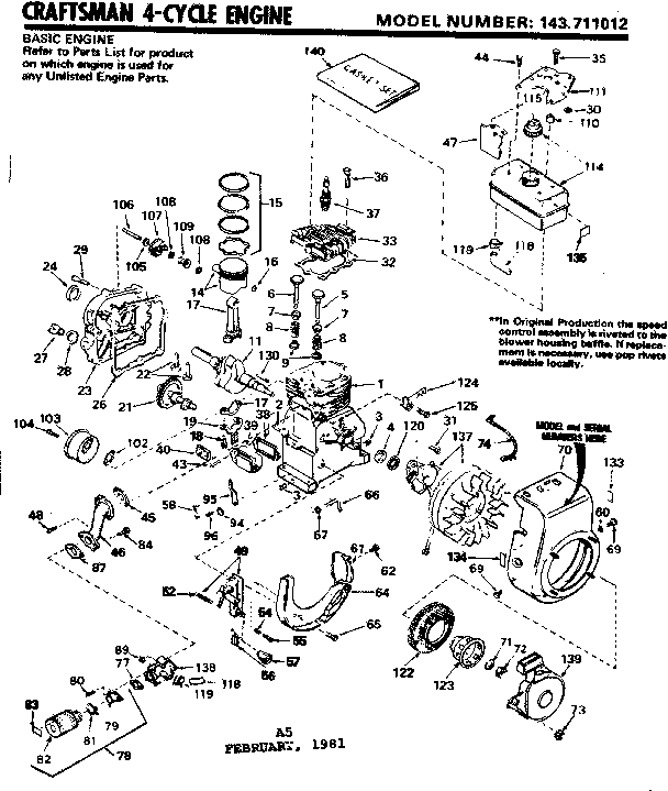Replacement Parts Diagram and Parts List for 143711012  Craftsman Engine