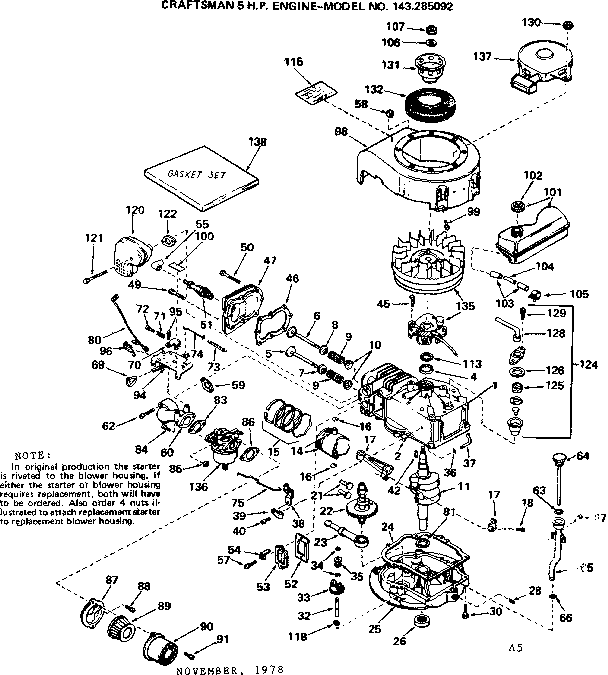 Replacement Parts Diagram and Parts List for 143285092  Craftsman Engine