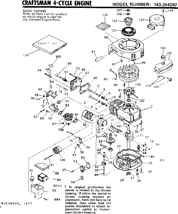 Replacement Parts Diagram and Parts List for 143264282  Craftsman Engine