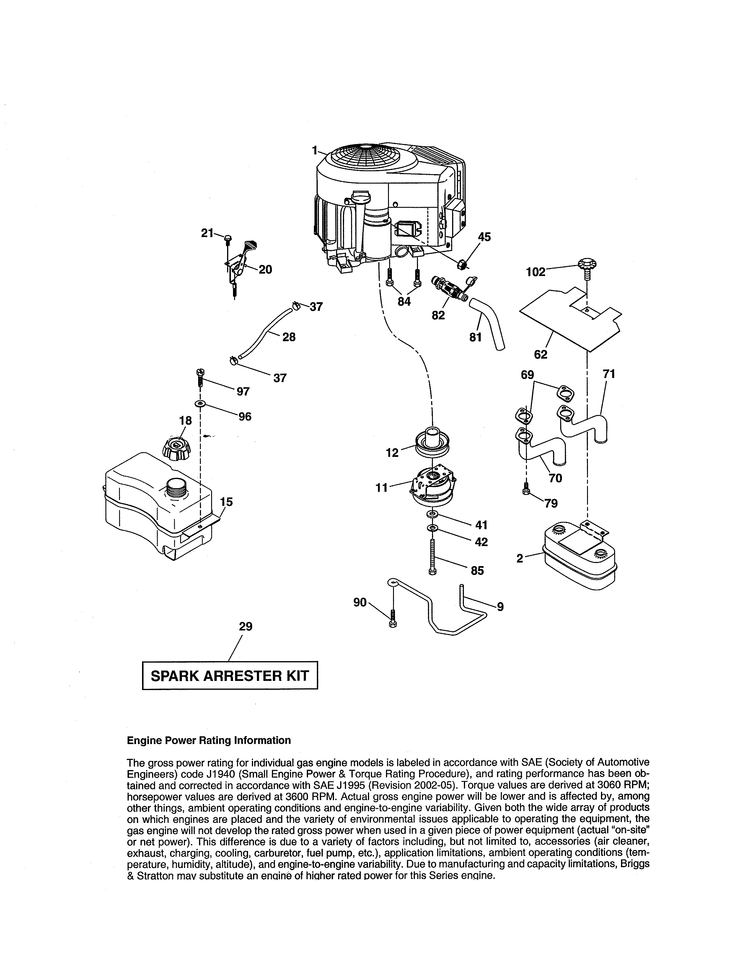 Engine Diagram and Parts List for 917255745  Craftsman Lawn Tractor