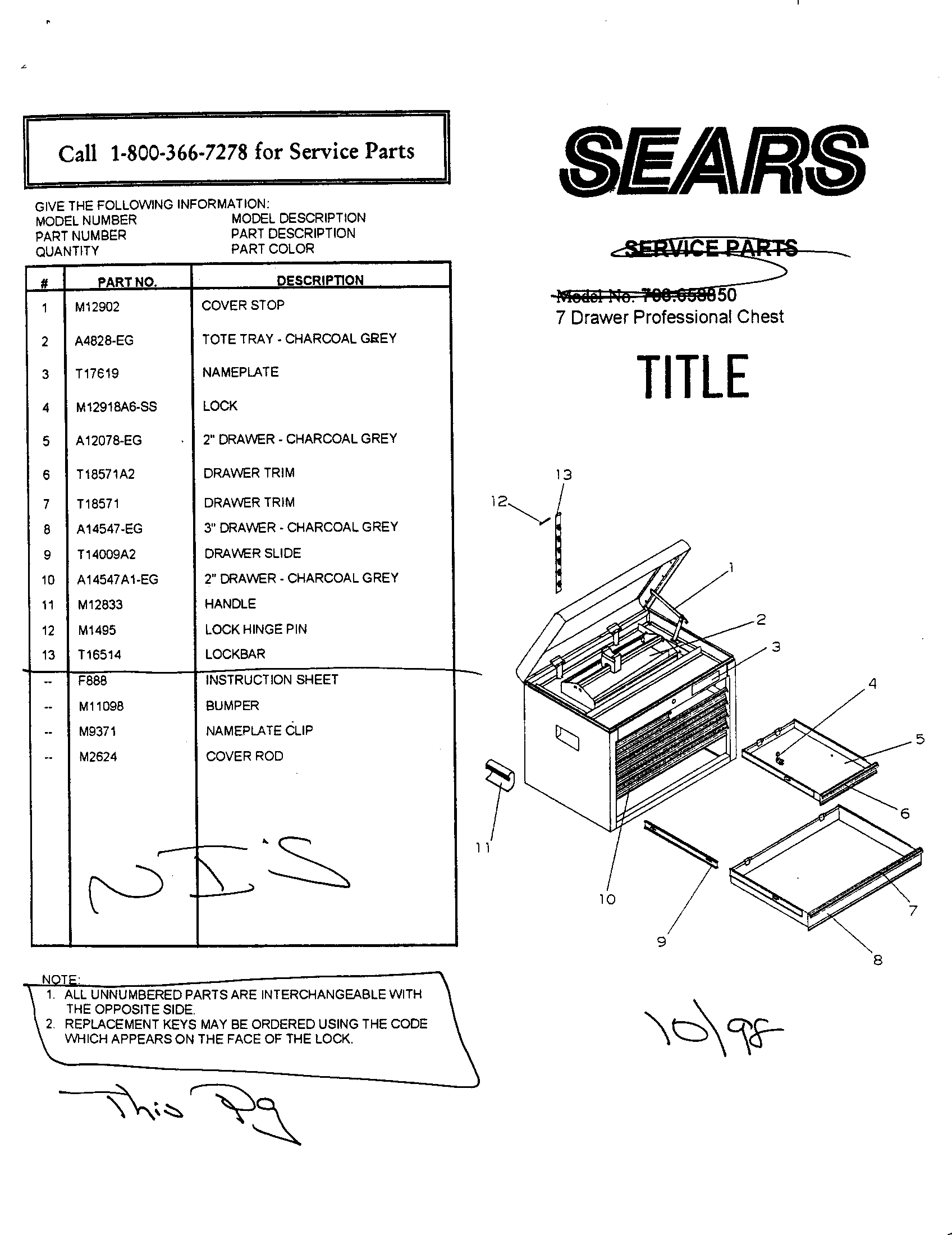 7 Drawer Professional Chest Diagram and Parts List for 706658850  Craftsman Tool Stand & Cart