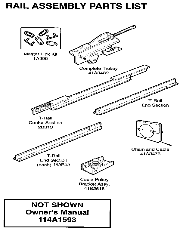 Rail Assembly Diagram and Parts List for 13953638SRT  Craftsman Garage Door Opener