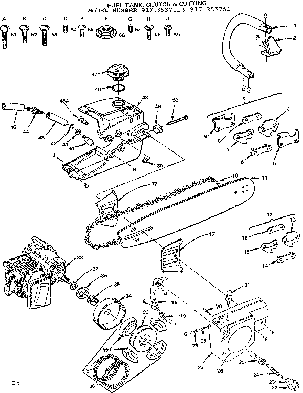 Fuel Tank, Clutch & Cutting Diagram and Parts List for 917353711  Craftsman Chainsaw