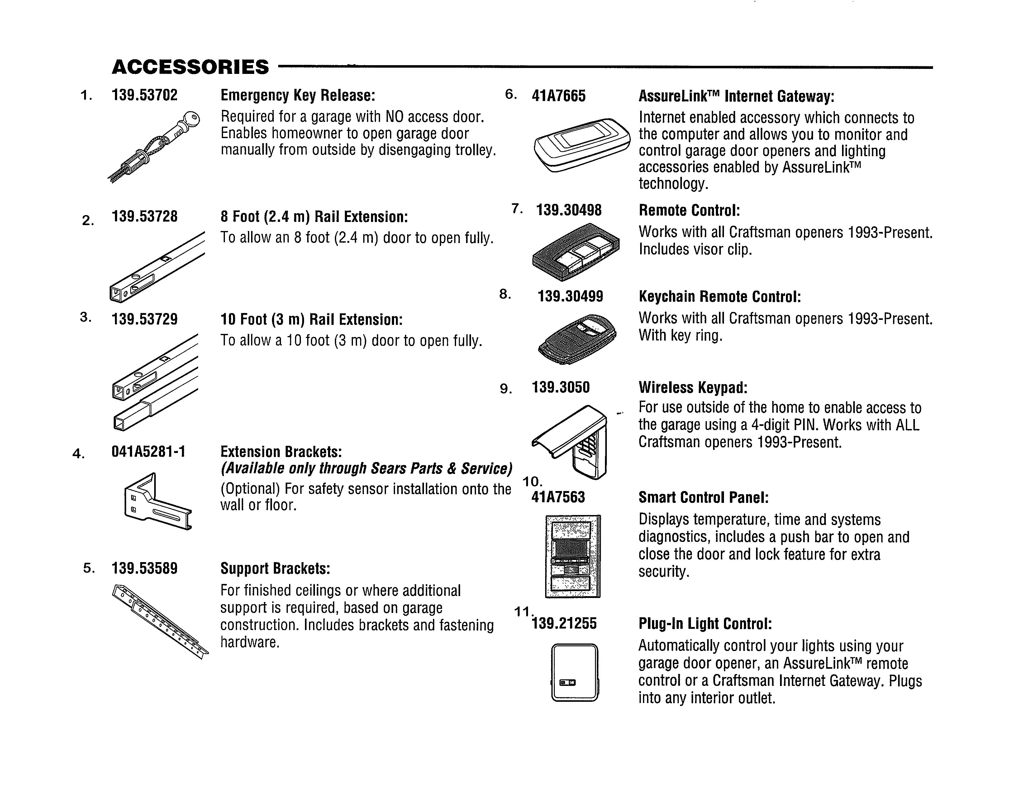 Accessories Diagram and Parts List for 139559181  Craftsman Garage Door Opener