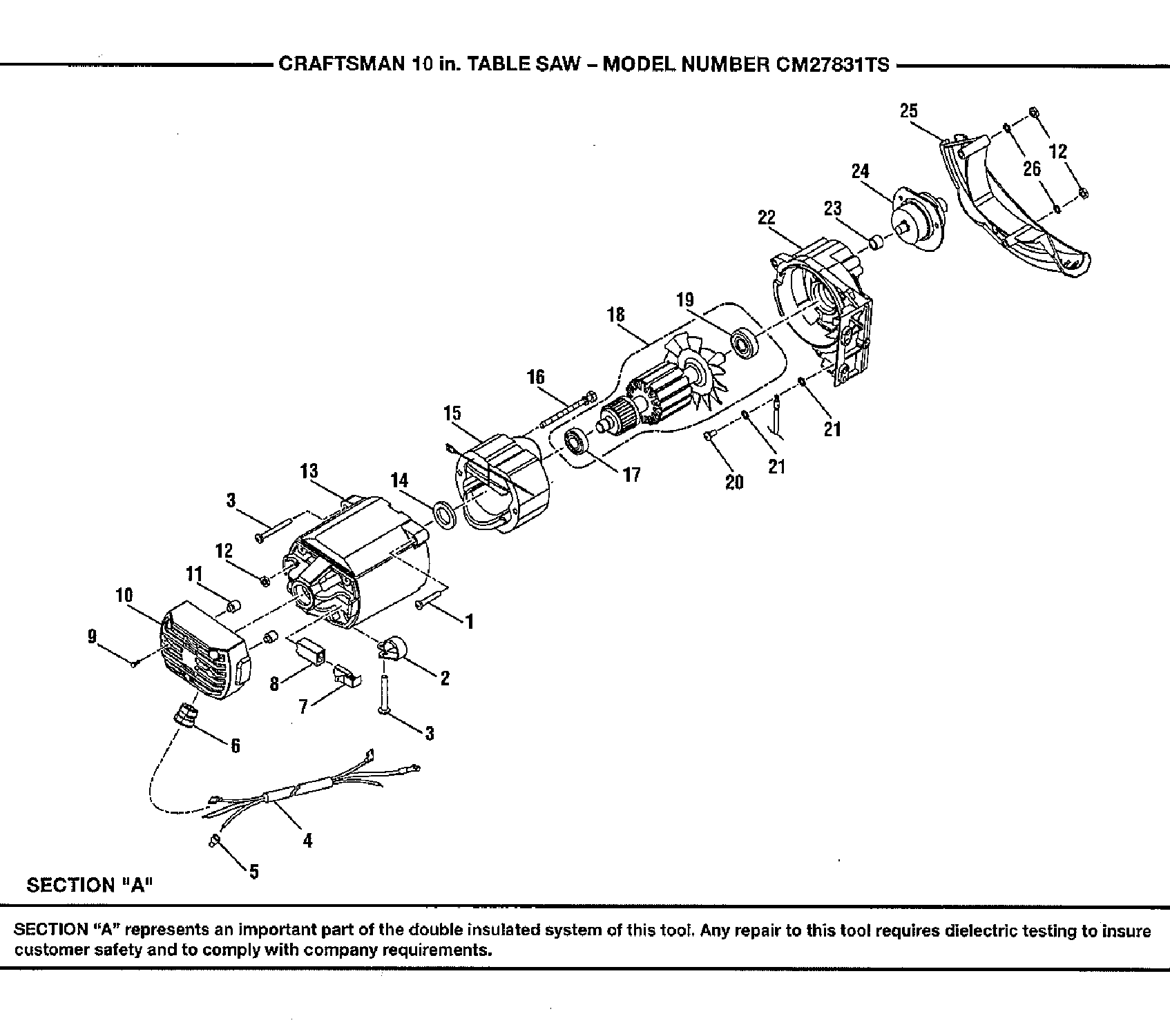 Motor Diagram and Parts List for 315CM27831TS  Craftsman Table Saw
