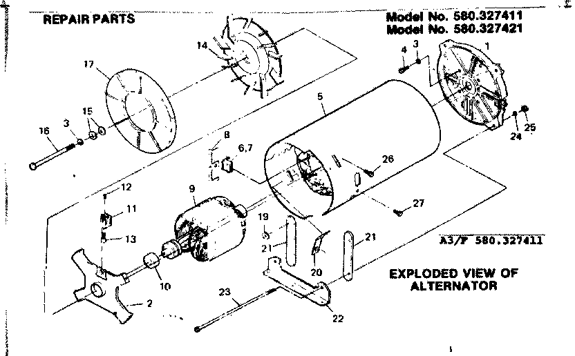 Alternator Diagram and Parts List for 580327411  Craftsman Engine