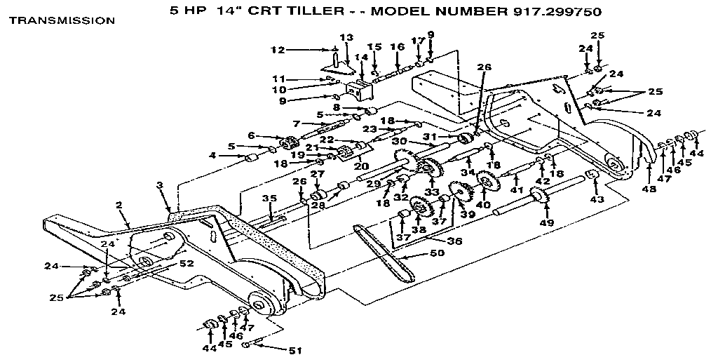 Transmission Diagram and Parts List for 917299750  Craftsman Tiller