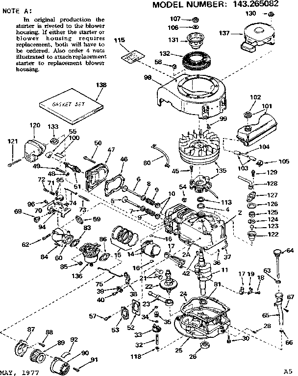 Replacement Parts Diagram and Parts List for 143265082  Craftsman Engine