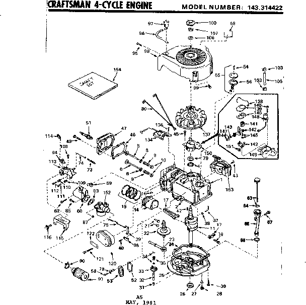 Replacement Parts Diagram and Parts List for 143314422  Craftsman Engine
