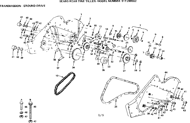 Transmission Diagram and Parts List for 917299552  Craftsman Tiller