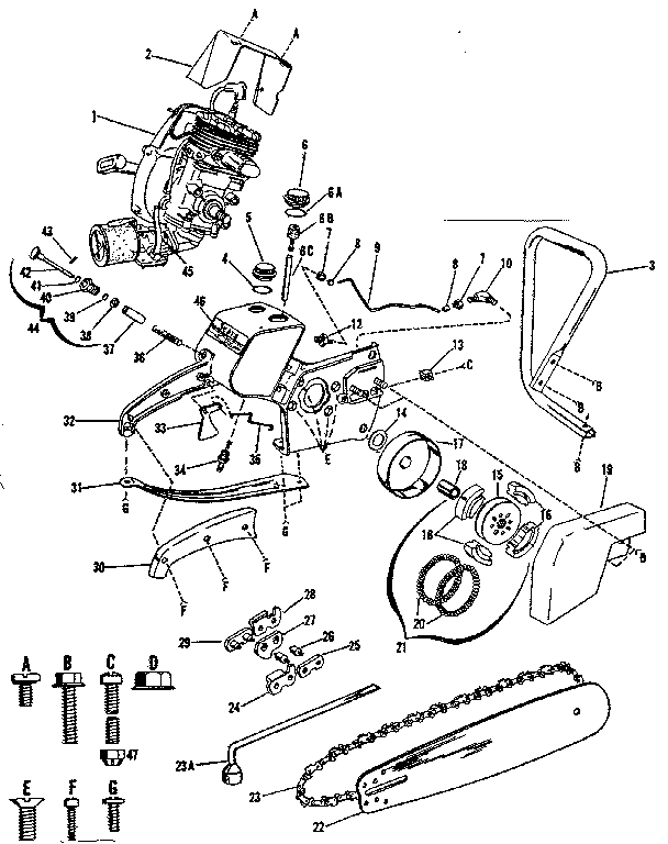 Main Frame And Engine Diagram and Parts List for 917350711  Craftsman Chainsaw