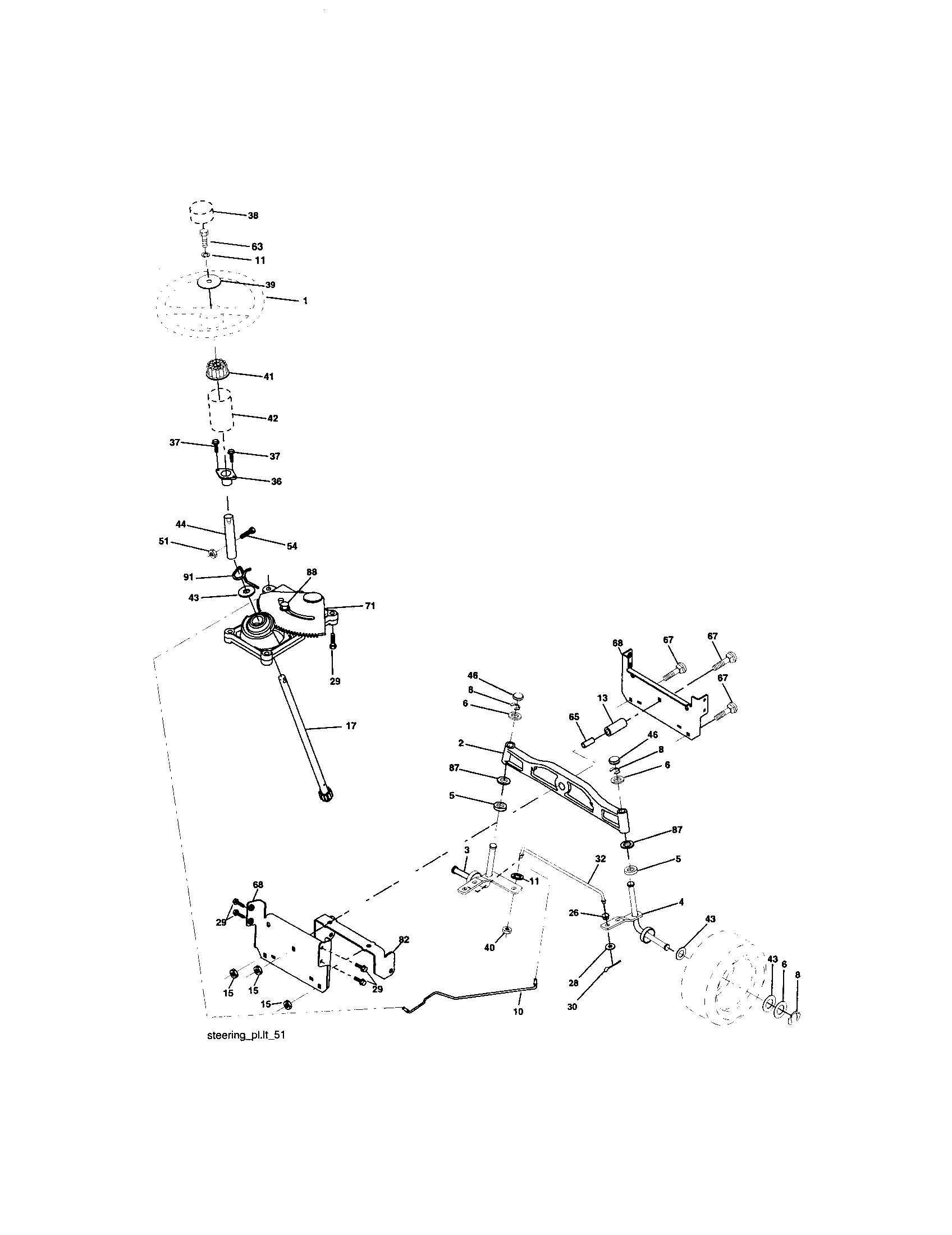 Steering Assembly Diagram and Parts List for 917273131  Craftsman Lawn Tractor