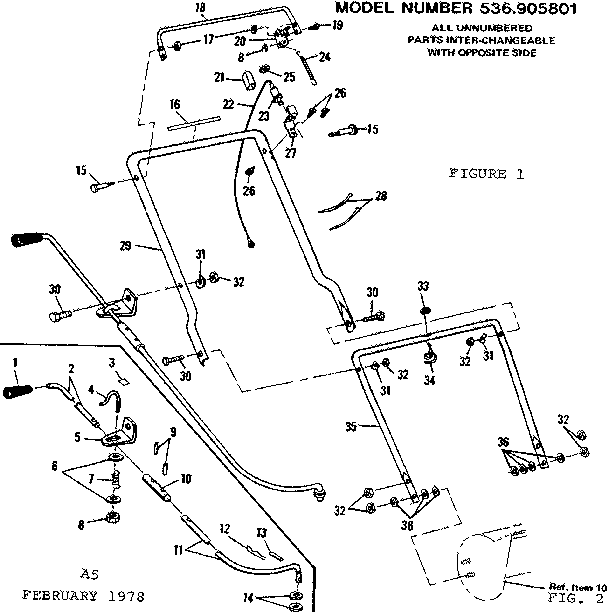 Handle Assembly Diagram and Parts List for 536905801  Craftsman Snow Blower