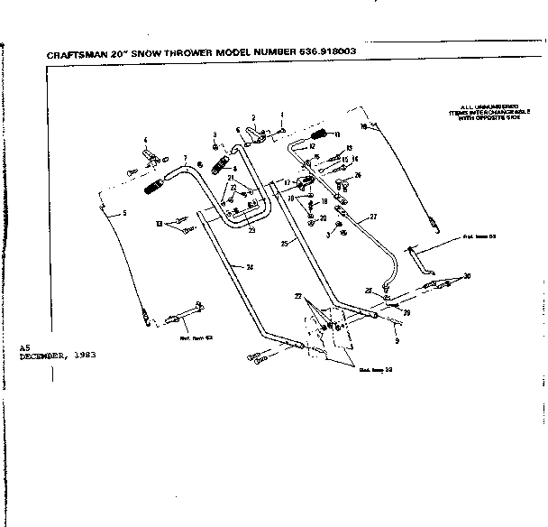 Handle Assembly Diagram and Parts List for 536918003  Craftsman Snow Blower