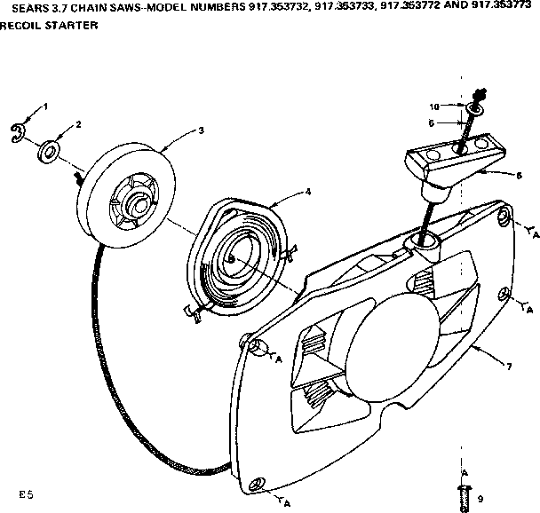 Recoil Starter Diagram and Parts List for 917353772  Craftsman Chainsaw