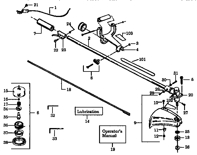 Drive Shaft And Cutter Head Diagram and Parts List for 358799260  Craftsman Trimmer