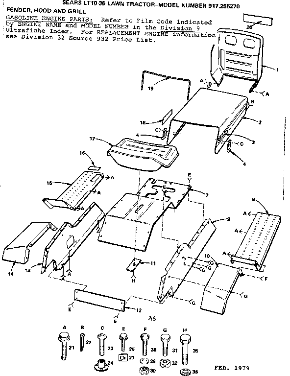 Fender, Hood And Grill Diagram and Parts List for 917255270  Craftsman Lawn Tractor