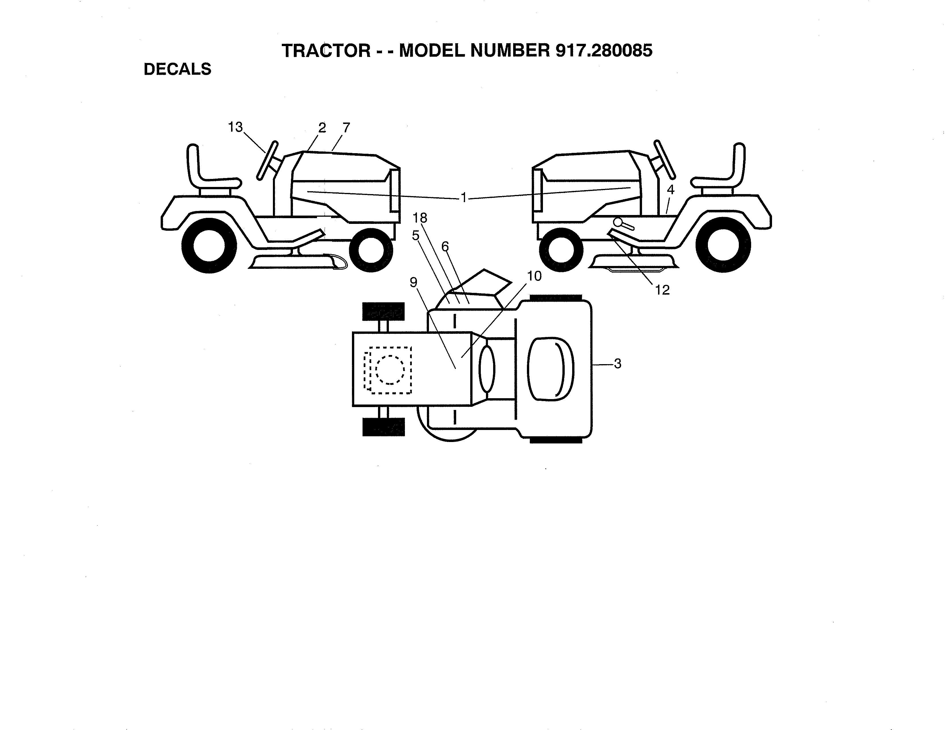 Decals Diagram and Parts List for 917280085  Craftsman Lawn Tractor