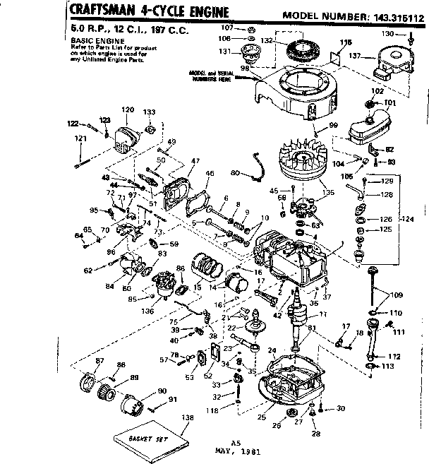 Replacement Parts Diagram and Parts List for 143315112  Craftsman Engine