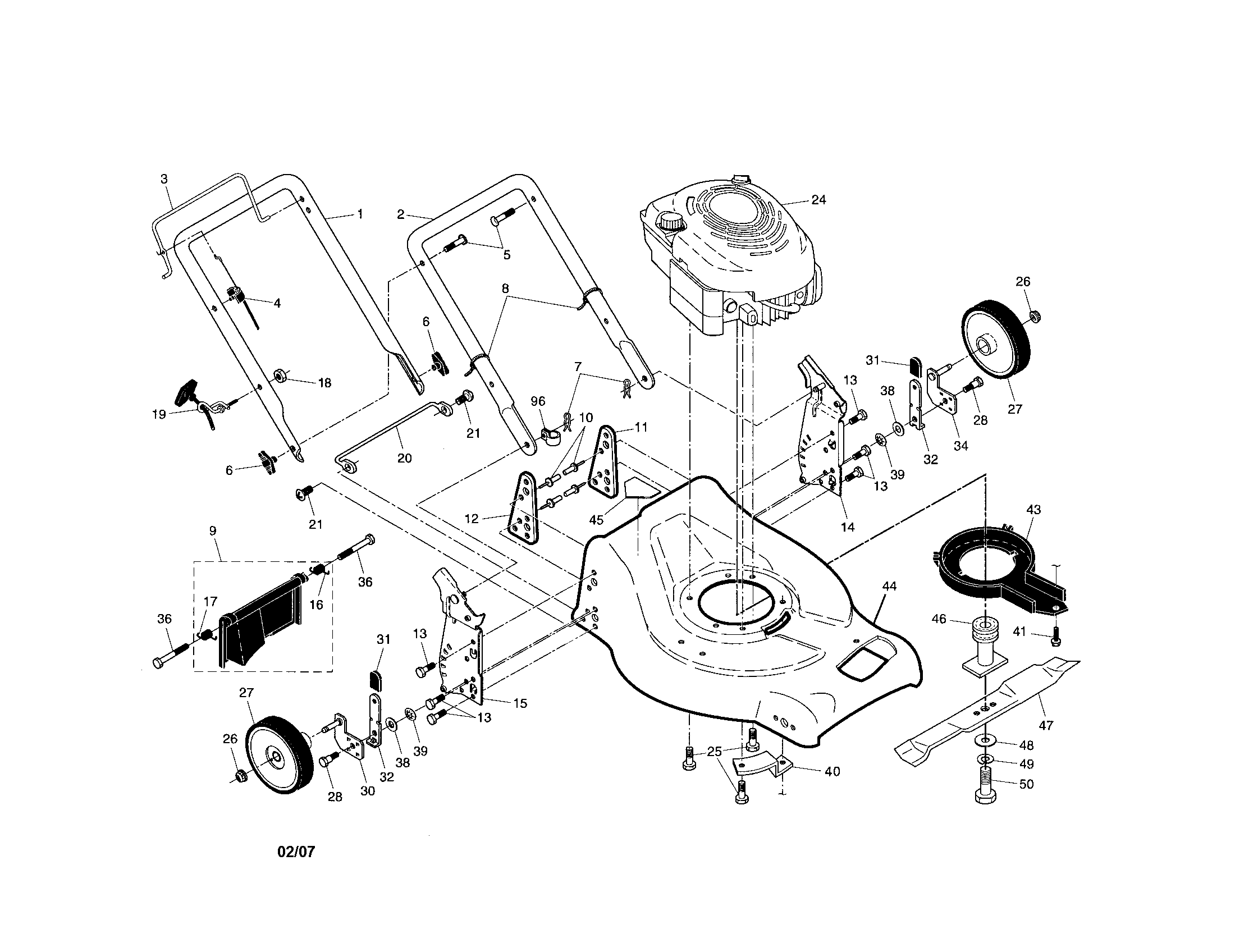 Engine/housing/handle Diagram and Parts List for 917371075  Craftsman Lawn Mower
